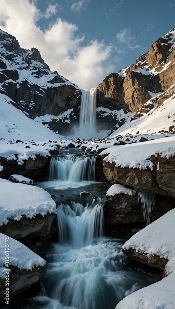 Fototapeta premium Frozen waterfall in a snowy mountain valley.