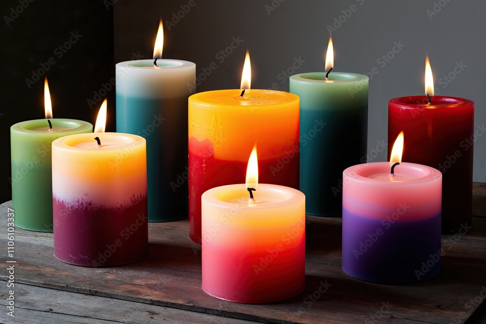 Colorful Pillar Candle Collection with Flickering Flames and Vibrant Glow Colorful Pillar Candle Collection with Flickering Flames and Vibrant Glow