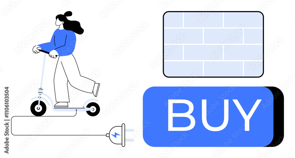 Individual riding an electric scooter and a large plug, accompanied by a prominent BUY button and a brick wall. Ideal for technology, e-commerce, transportation, green energy, online shopping Individual riding an electric scooter and a large plug, accompanied by a prominent BUY button and a brick wall. Ideal for technology, e-commerce, transportation, green energy, online shopping