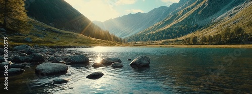 Tatra National Park, a lake in the mountains as the sun rises in Poland
