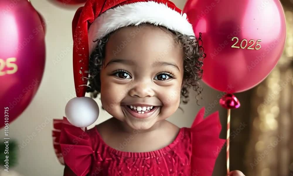 African American smiling little girl in red dress and santa hat holding balloons with 2025 inscription. Happy New Year and Merry Christmas greetings African American smiling little girl in red dress and santa hat holding balloons with 2025 inscription. Happy New Year and Merry Christmas greetings