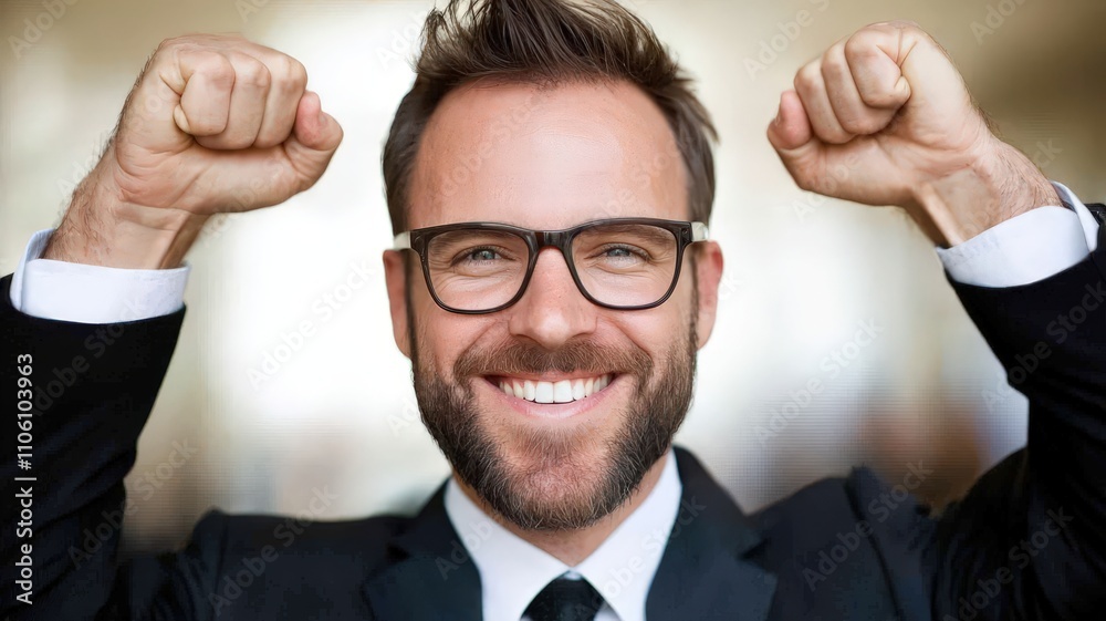 working in cafe with smile concept. Cheerful businessman celebrating success with raised fists. working in cafe with smile concept. Cheerful businessman celebrating success with raised fists.
