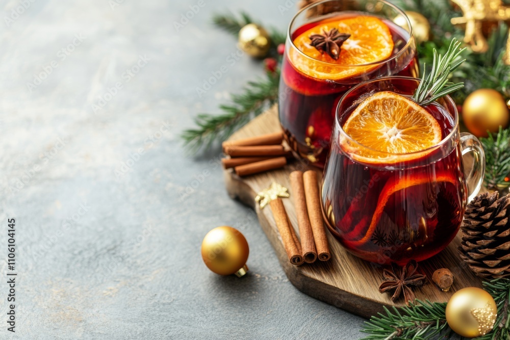 Hot red mulled wine with christmas spices, orange slice, anise and cinnamon sticks. Two glasses of mulled wine on white table with red checkered napkin with spices and fruits. Traditional Autumn drink Hot red mulled wine with christmas spices, orange slice, anise and cinnamon sticks. Two glasses of mulled wine on white table with red checkered napkin with spices and fruits. Traditional Autumn drink