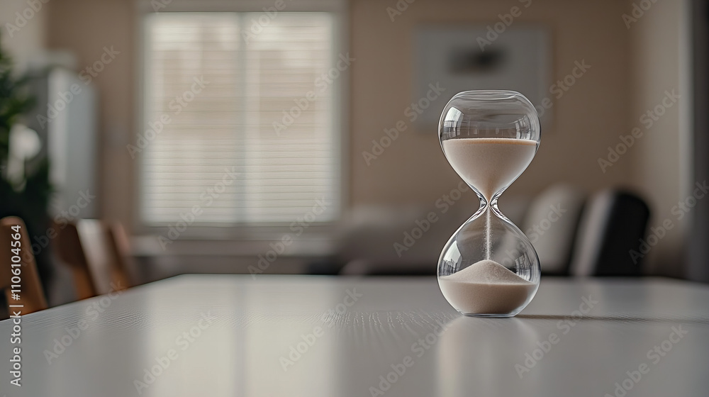 Hourglass filled with shimmering golden sand on a table in a cozy, softly lit room Hourglass filled with shimmering golden sand on a table in a cozy, softly lit room