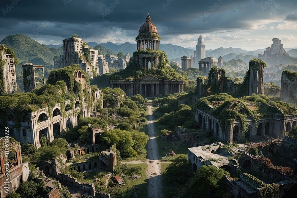 Obraz premium Abandoned City Overgrown with Lush Vegetation and Urban Decay