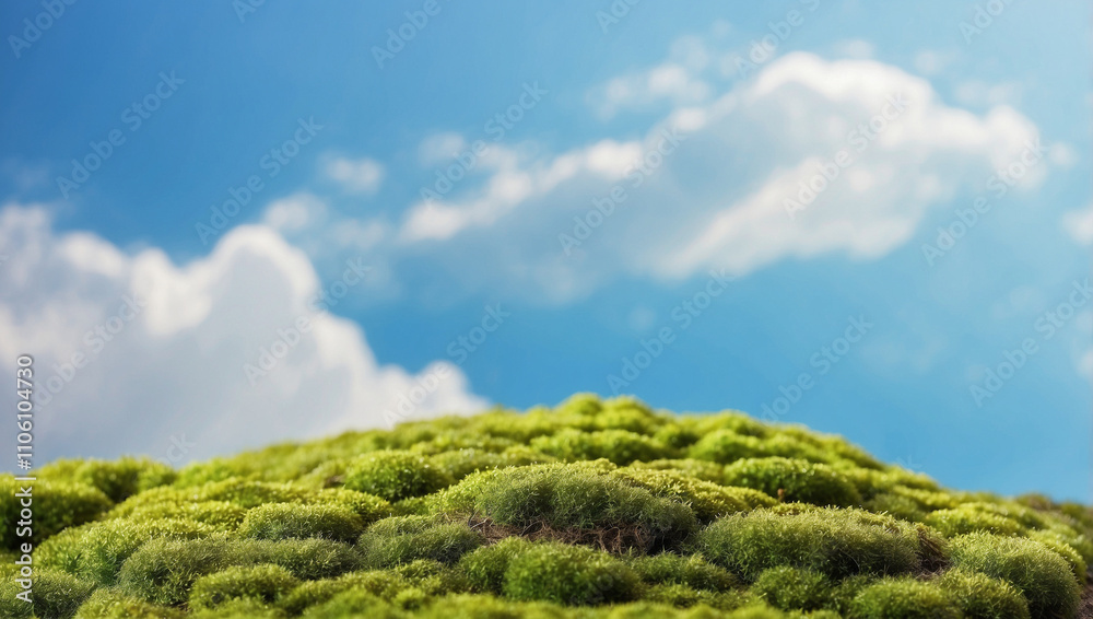 moss meadow eco green plant platform mockup for display of product with a blue sky background moss meadow eco green plant platform mockup for display of product with a blue sky background