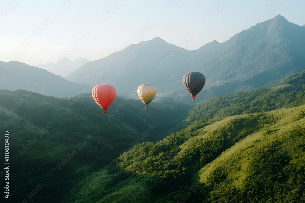 Colorful hot air balloons flying over mountain Colorful hot air balloons flying over mountain