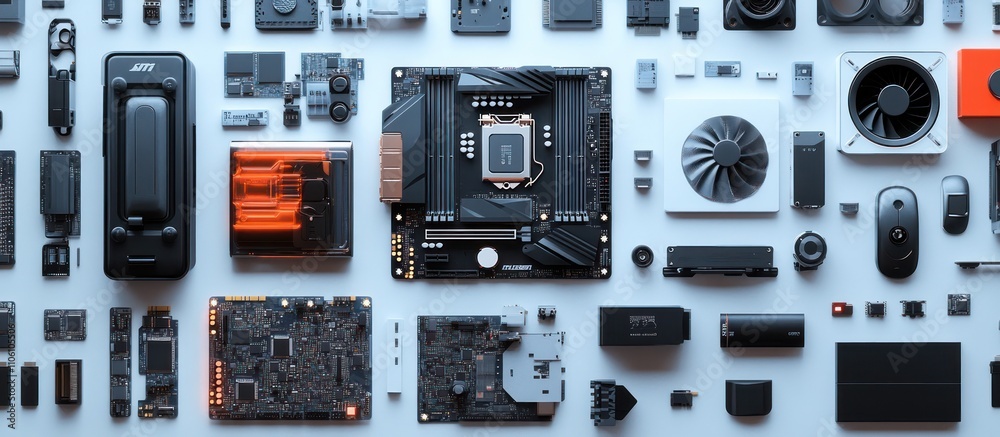 Obraz premium Computer parts arranged on a white surface, including a motherboard, CPU, fans, and various other components.