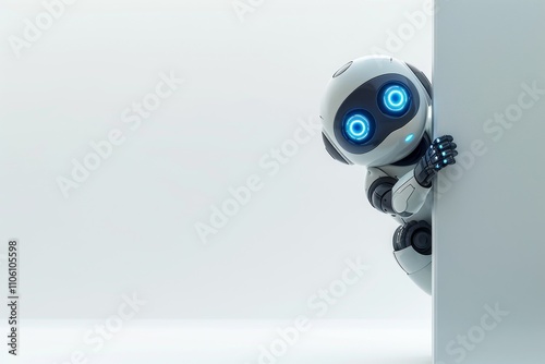 A cute robot peering out from behind the edge of a blank white wall on a white background