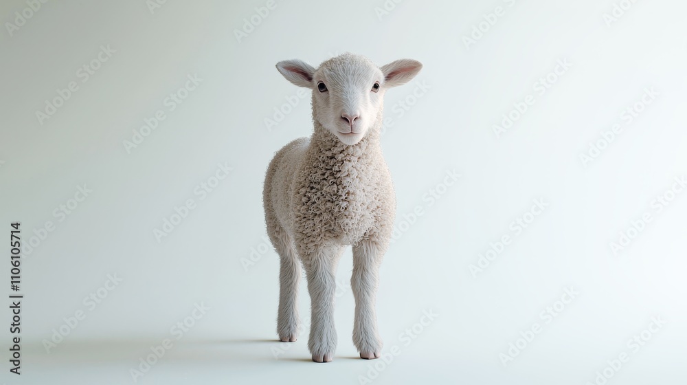 Obraz premium Adorable Young Sheep with Soft White Wool Standing in a Minimalist Setting
