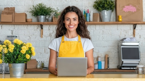 working in cafe with smile concept. Cheerful woman with laptop in a cozy workspace, surrounded by plants.