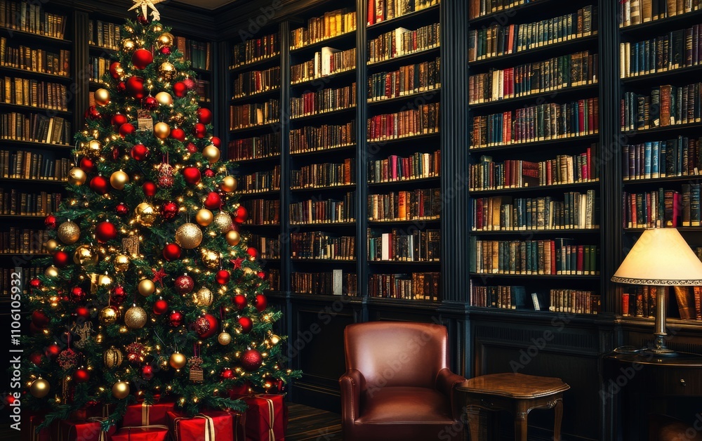 Library or Study Room A traditional Christmas tree with red and gold decorations, standing near a wall of bookshelves in a cozy modern library or study room Library or Study Room A traditional Christmas tree with red and gold decorations, standing near a wall of bookshelves in a cozy modern library or study room