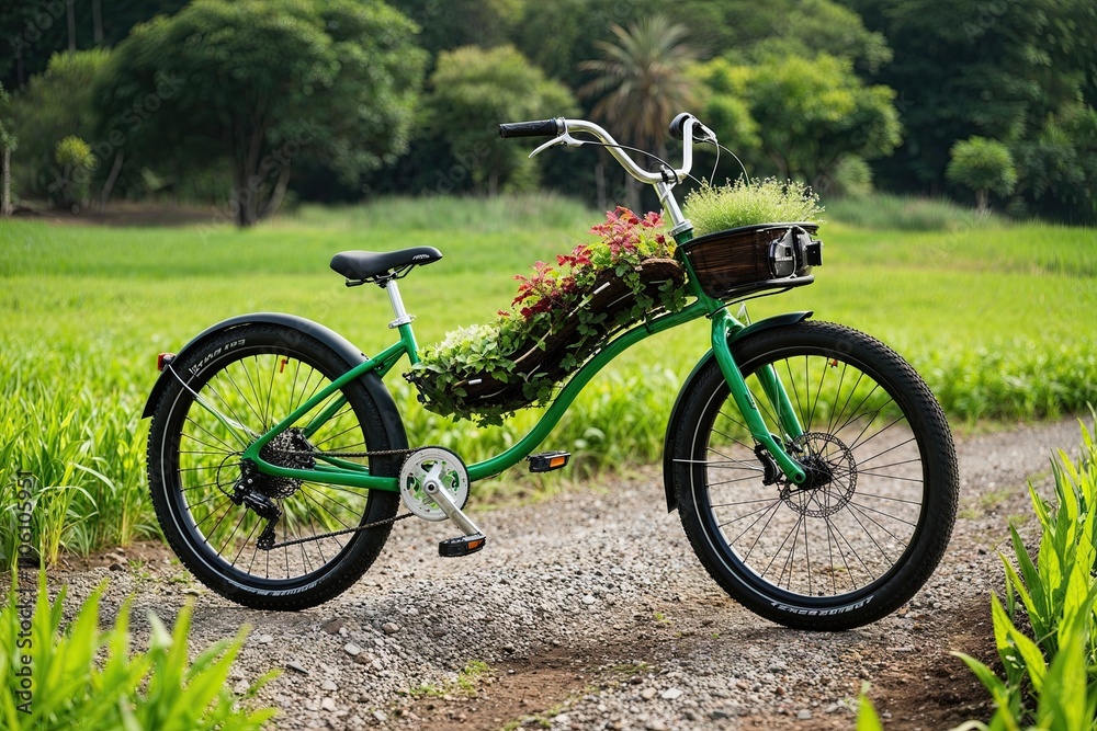 Fototapeta premium Eco-Friendly Twisted Bike Design with Colorful Plant Trails for Sustainable Travel and Global Green Day