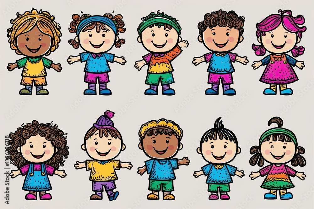 Vibrant Doodle Icon Set of Playful Child Characters with Joyful Themes Vibrant Doodle Icon Set of Playful Child Characters with Joyful Themes