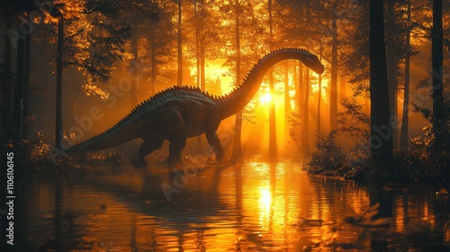 Fototapeta Naklejka Na Ścianę i Meble -  Here's a possible  and keyword list for your stock photo submission.. Majestic dinosaur silhouette at sunset in a misty forest.
