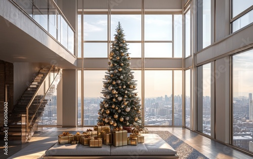 Loft with a View A modern loft apartment with high ceilings, a tall Christmas tree decorated with metallic ornaments, and large windows showcasing a snowy cityscape, with gifts stacked neatly below
