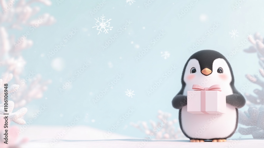 Naklejka premium A penguin is standing in the snow with a pink box in front of it. The image has a cute and playful mood, and it could be a representation of the joy