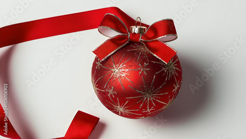 A red Christmas ball with ribbon on an isolated white background