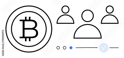 Bitcoin logo alongside three user icons and interface elements. Ideal for finance, technology, blockchain, cryptocurrency, digital transactions, online communities, and financial innovation themes