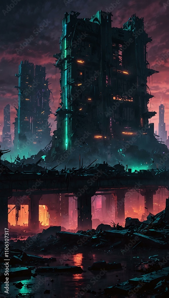 Futuristic city ruins with neon lights in apocalyptic setting. Futuristic city ruins with neon lights in apocalyptic setting.