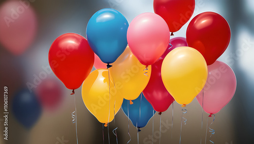 A group of balloons pink, blue, yellow and red floating in air