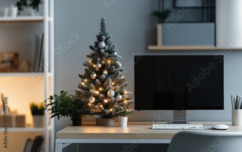 Minimalist Workspace A small, elegantly decorated Christmas tree with monochrome ornaments and fairy lights, placed on a modern desk in a sleek, minimalistic home office