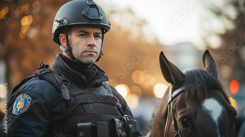 Serious mounted police officer in helmet and tactical gear.