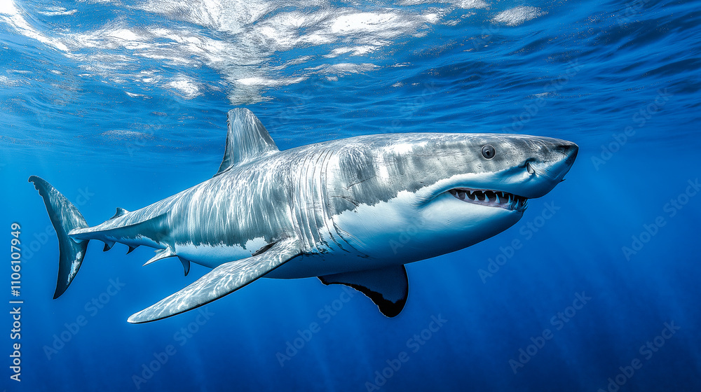 Fototapeta premium Experience the beauty of a great white shark gliding through crystal clear ocean waters showcasing its impressive size and serene movement in the underwater world