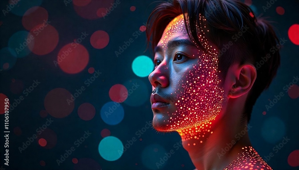 A glowing, futuristic digital head made up of small, colorful pixels against a dark background with bokeh lights, created with generative ai A glowing, futuristic digital head made up of small, colorful pixels against a dark background with bokeh lights, created with generative ai