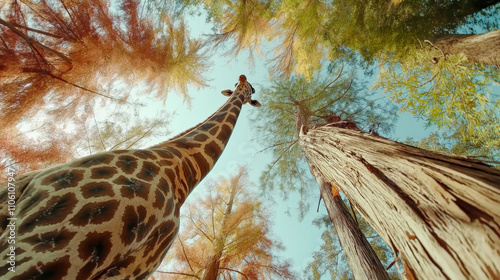 Experience the beauty of nature as a tall giraffe reaches for the sky among vibrant trees Perfect for wildlife lovers and nature enthusiasts photo