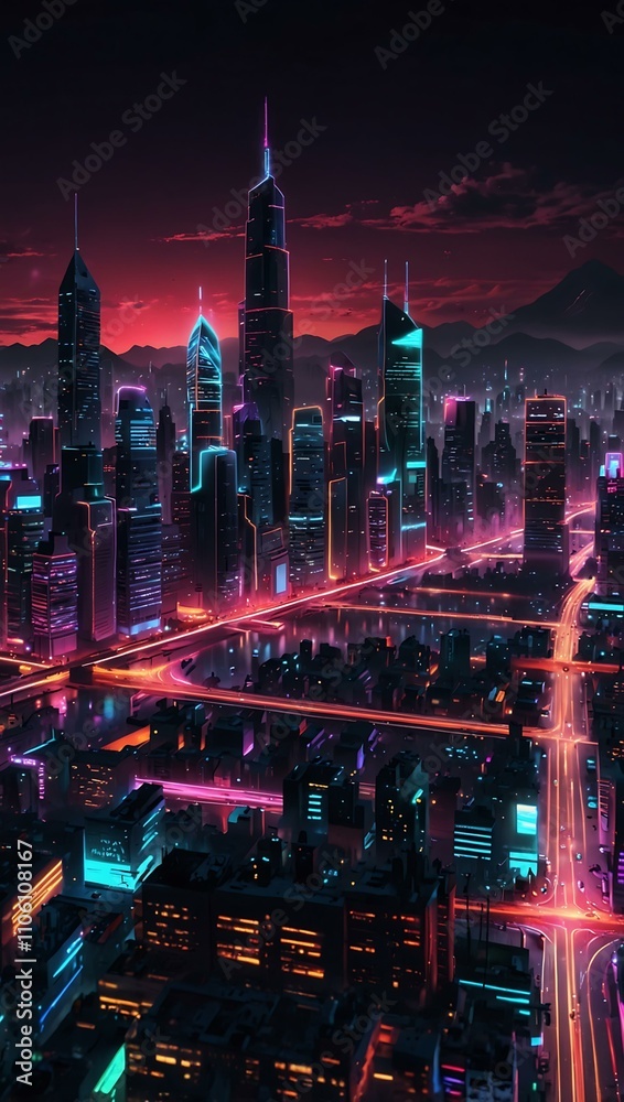 Obraz premium Futuristic cityscape with glowing neon lights.