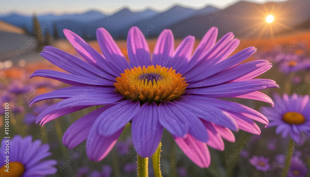Obraz premium A large purple daisy-like flower with orange center petals in a field of purple flowers, with a blurred background of mountains