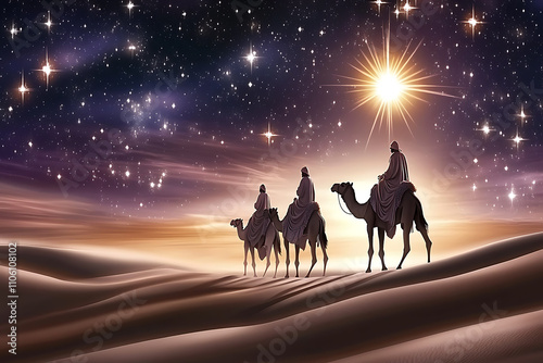 Three wise men on camels, journeying through a moonlit desert under a radiant star. Ideal for Christmas cards, religious content, and holiday illustrations