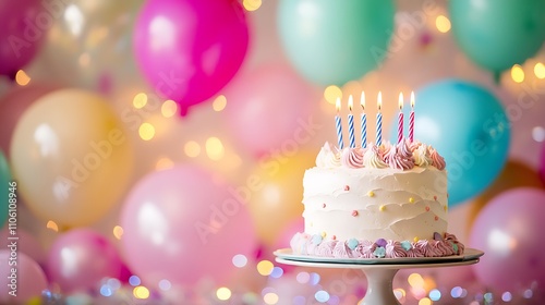 Colorful balloon-filled birthday party setting with a pastel-themed background, featuring a beautifully frosted birthday cake with sparkling candles on top, celebratory ambiance