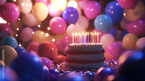Bright and vibrant birthday party scene with an assortment of colorful balloons filling the background, a large birthday cake with glowing candles in the foreground, cheerful atmosphere
