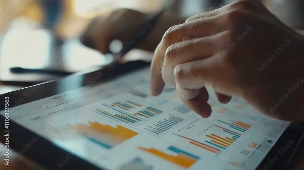 Data Analysis on Tablet: Close-up of Hands Interacting with Financial Charts and Graphs Data Analysis on Tablet: Close-up of Hands Interacting with Financial Charts and Graphs