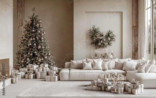 Neutral Palette A luxurious neutral-toned living room with plush white sofas, a soft beige rug, and a Christmas tree with champagne and silver decorations, surrounded by monochromatic gift boxes