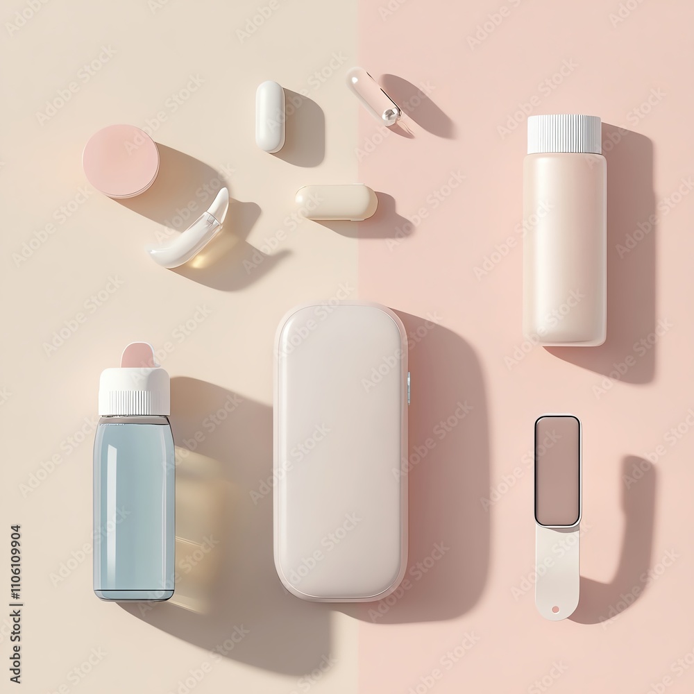 Health SelfCare Essentials creative 3D design showcasing a minimalist flat lay of health gadgets like a fitness tracker Health SelfCare Essentials creative 3D design showcasing a minimalist flat lay of health gadgets like a fitness tracker