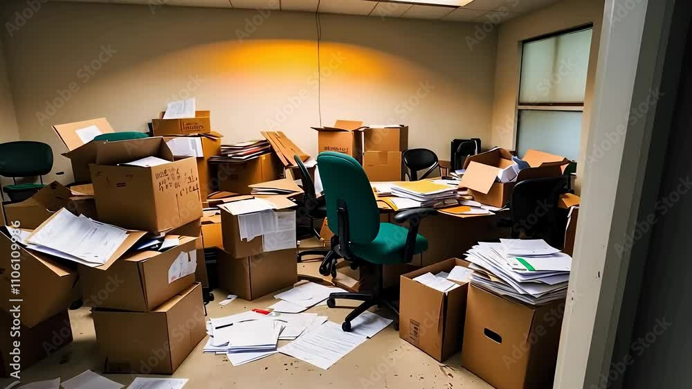 Cluttered Office Space with Boxes and Papers
Cluttered Office Space with Boxes and Papers
