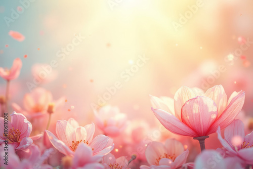 Delicate cherry flowers are soft pink and gold with a dreamy Bokeh background with space copying 