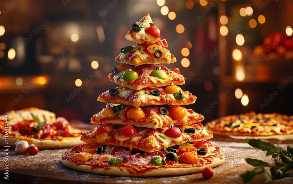 Pizza Slice Tree A quirky tree built from stacked triangular pizza slices, with toppings forming colorful ornaments, set in a fun pizzeria Pizza Slice Tree A quirky tree built from stacked triangular pizza slices, with toppings forming colorful ornaments, set in a fun pizzeria