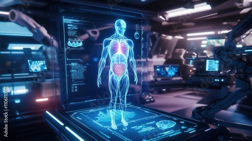 A skeleton is displayed in a blue and green light. The skeleton is in a room with a lot of machinery and computers. The room is very futuristic and the skeleton is the main focus of the image