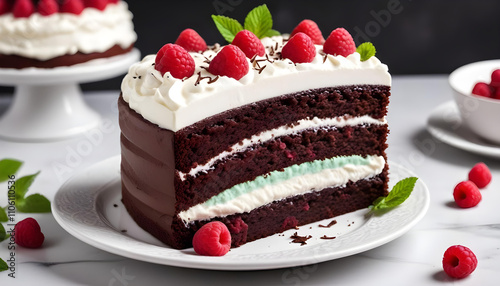 A layered chocolate cake with whipped cream frosting, fresh raspberries, and mint leaves on top, served on a white plate