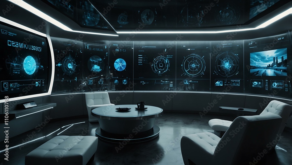 Fototapeta premium Futuristic interior with digital interfaces and panoramic windows.