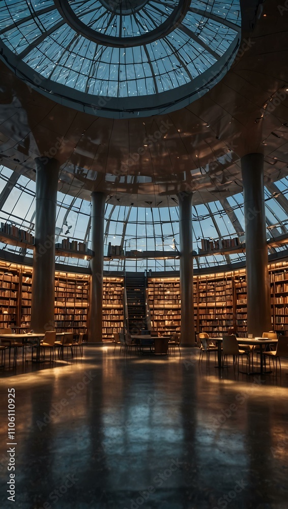 Obraz premium Futuristic library in a vast glass dome, filled with books and soft lighting.