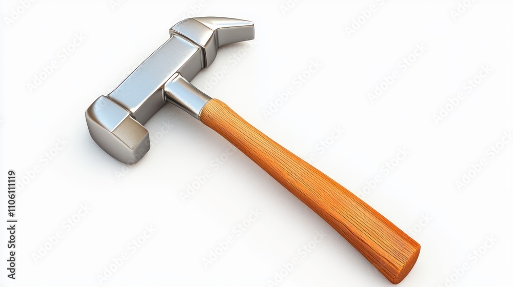A metallic hammer with a wooden handle rests on a white background A metallic hammer with a wooden handle rests on a white background