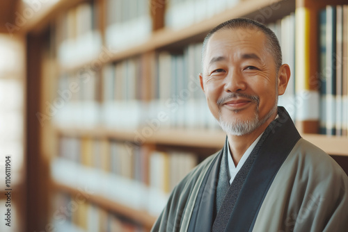 Elderly man in traditional attire smiles in a library filled with books. Generative AI