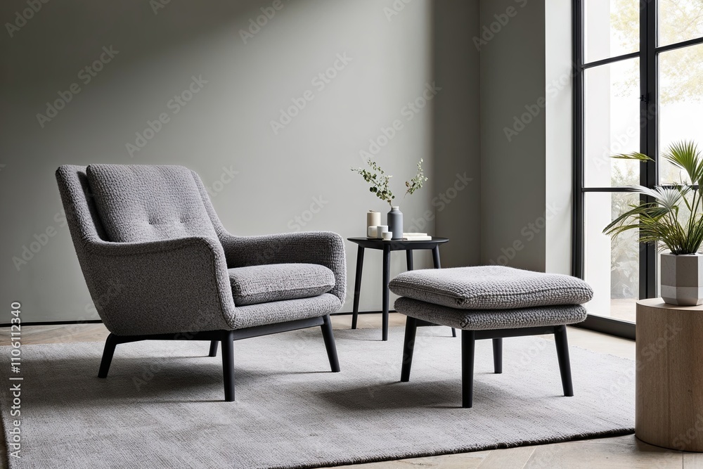 Fototapeta premium Scandinavian Minimalist Soft Grey Boucle Chair and Ottoman for Modern Lounge Design