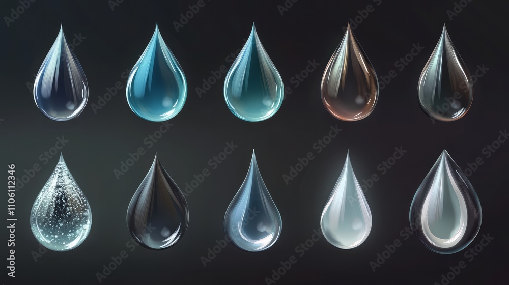 Detailed 3D rendering of a single water drop with a reflective surface.

