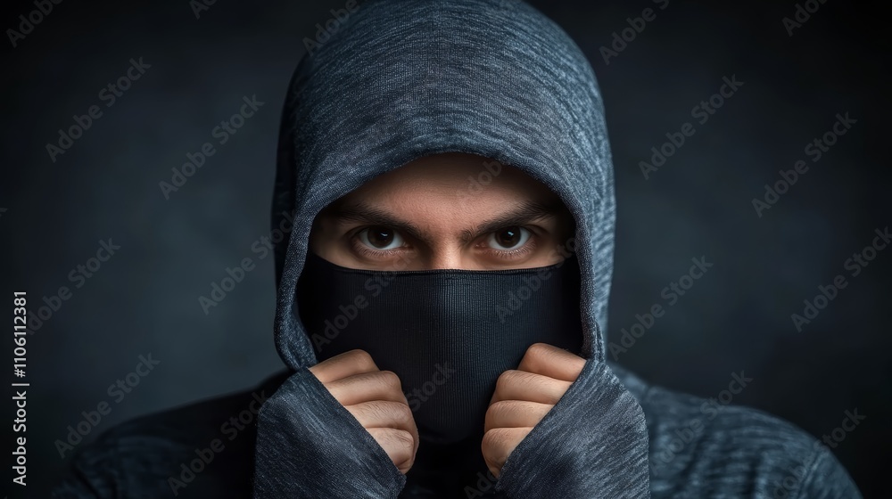 Mysterious man in black mask, a dramatic portrait of concealment and identity Mysterious man in black mask, a dramatic portrait of concealment and identity